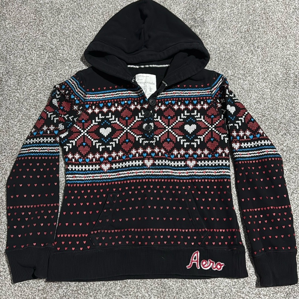 Black Lovely Heart Fair Isle Hoodie Aeropostale Large